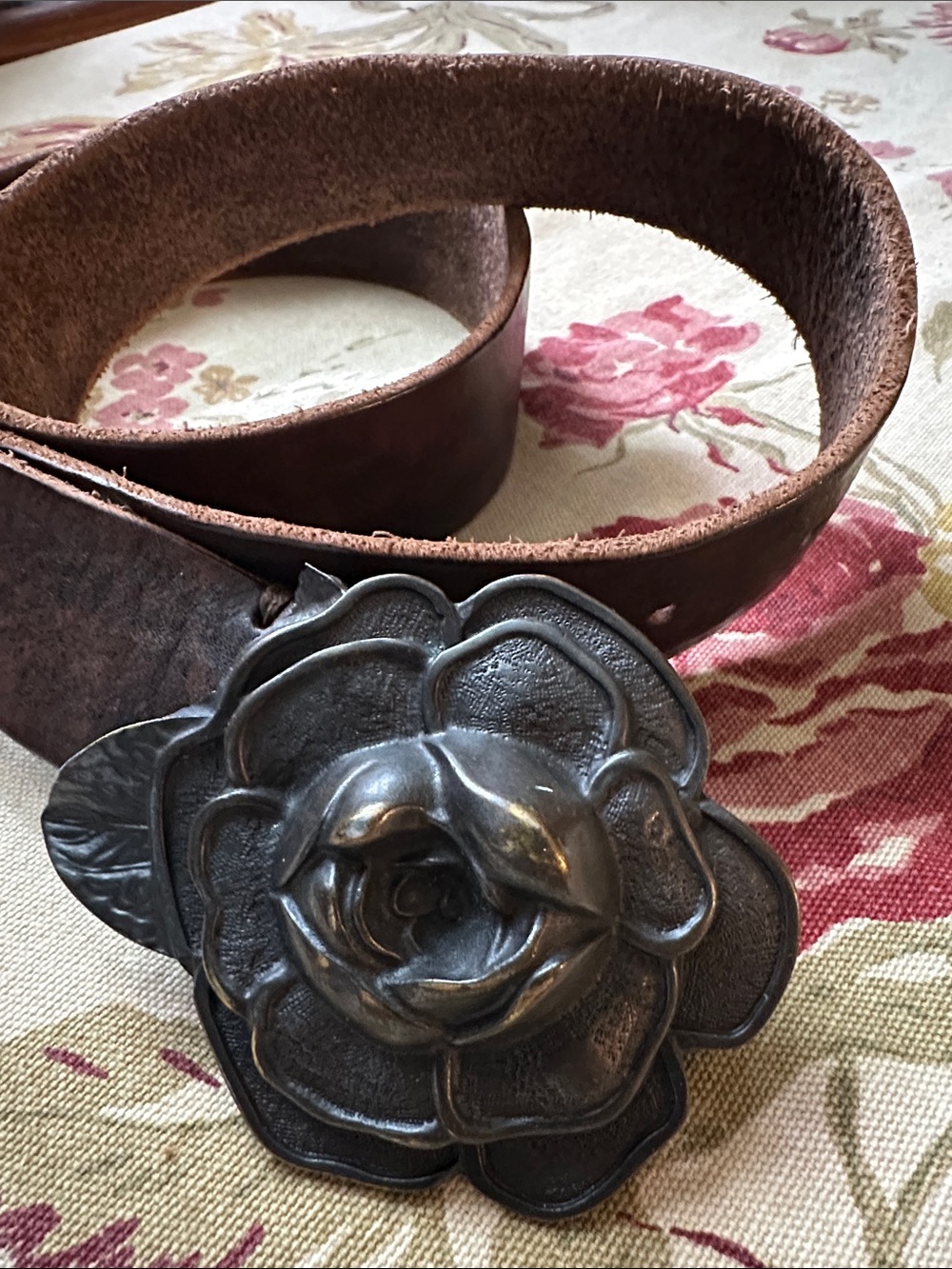 Abercrombie & Fitch Brown Leather Belt with Floral Metal Buckle